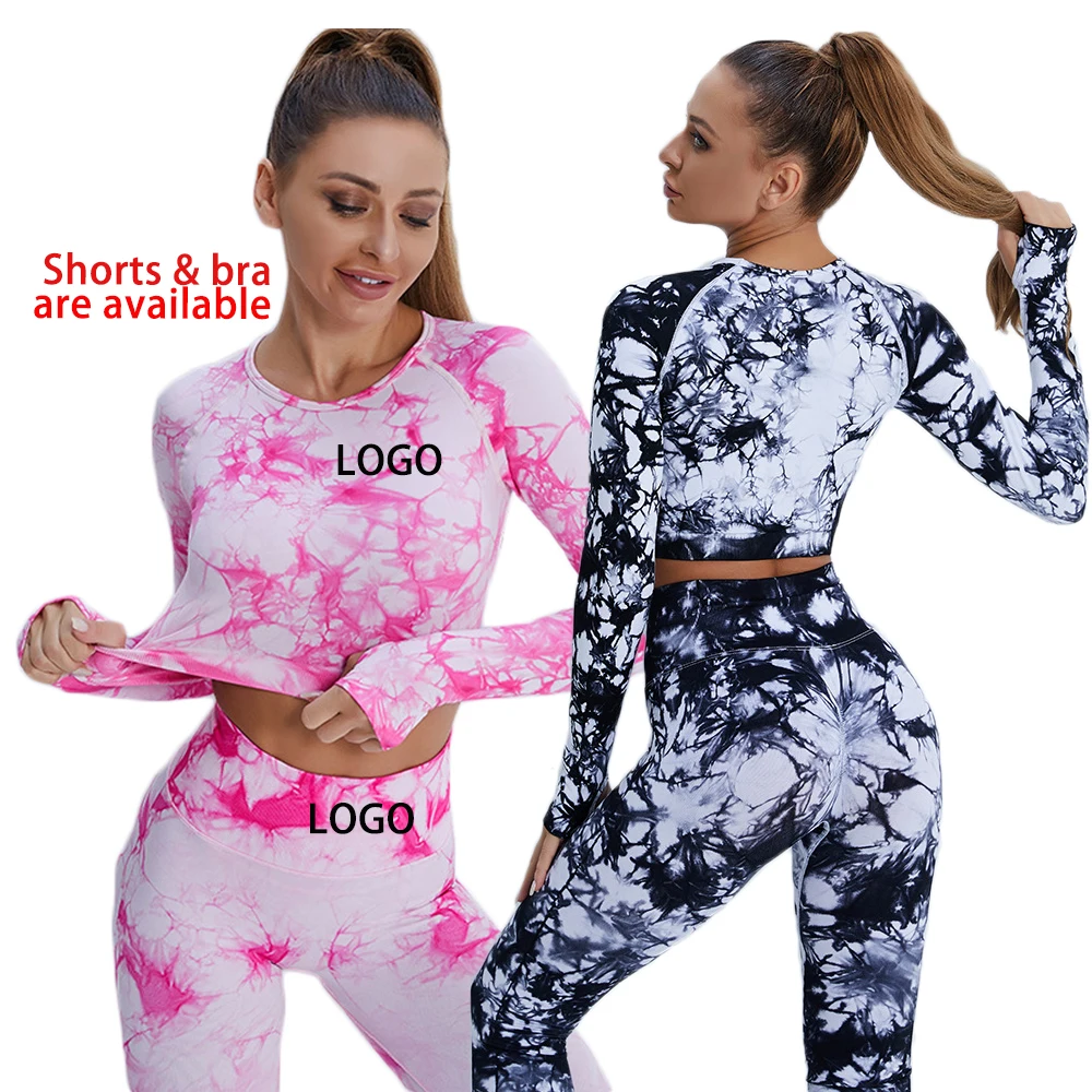 

2022 Women Stretchy Compression Quick Dry Fashion Long Sleeve Tie Dye Yoga Top and Legging Set