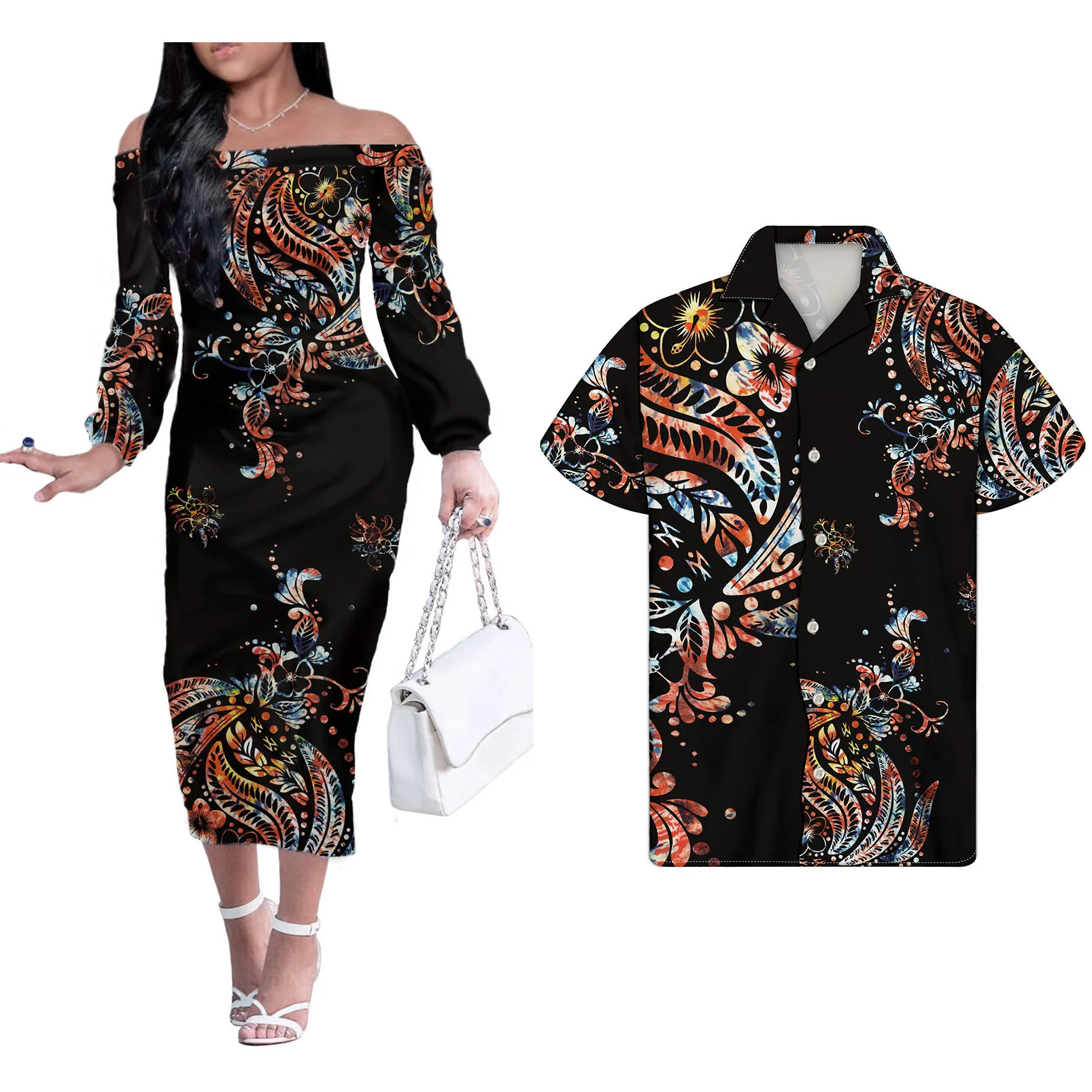 

Popular design 2022 new arrivals couple clothes 2 piece printed men shirts long sleeve dress elegant casual dresses, Picture color