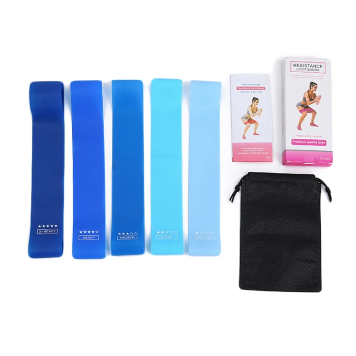 

Low MOQ free sample set of 5 mini loop resistance bands with instruction guide and carry bag