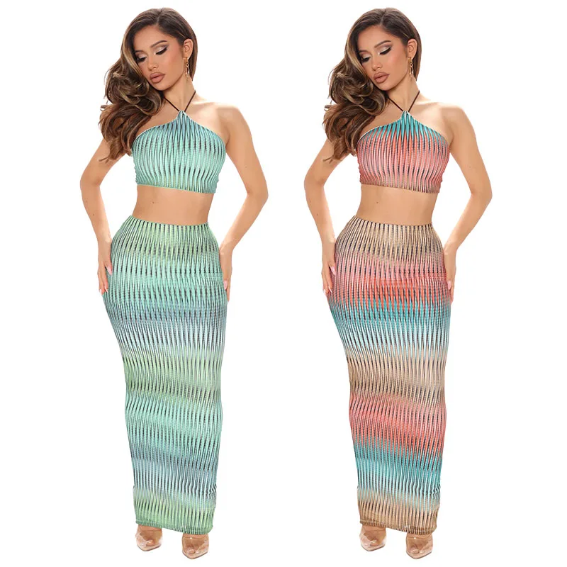 

New Summer Halter Strapless Cut out Sleevless Print Sexy Tube Top bodycon Plus Size Long Skirt 2 Piece Set for Women, Customized color