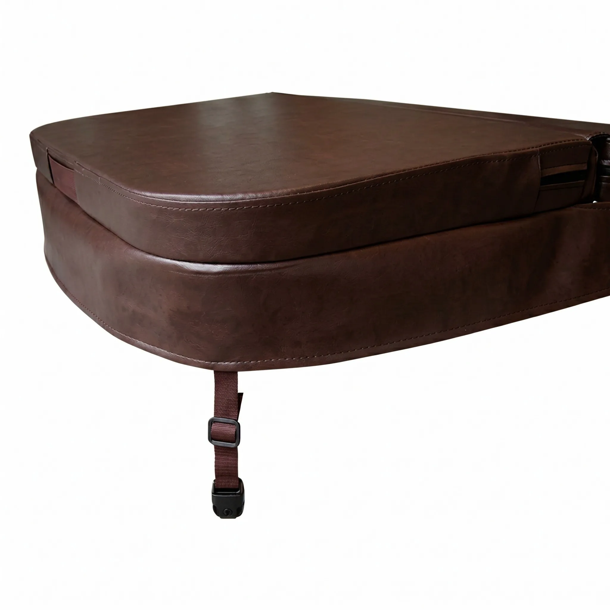 Brown spa cover with adjustable straps and side-release buckle