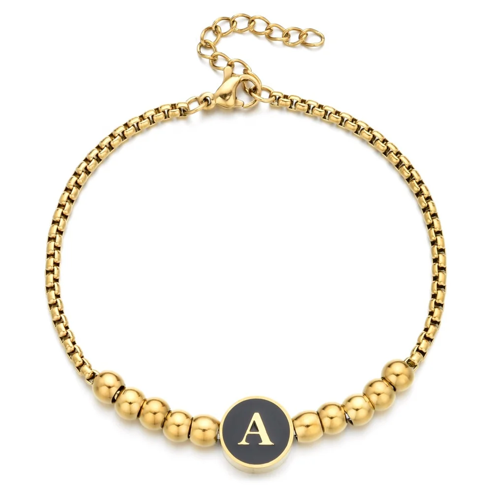 

18K Gold Plated Stainless Steel Initial Letter Bead BraceletPersonalized Enamel Round Ball 26 Initial Letter Charm Bracelet