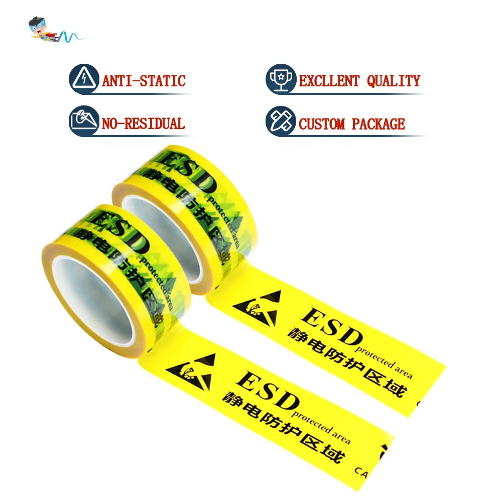2- Yellow Color BOPP Film Floor Area Marking Warning Caution Low Static Anti-Static ESD Protection Self Adhesive Tape