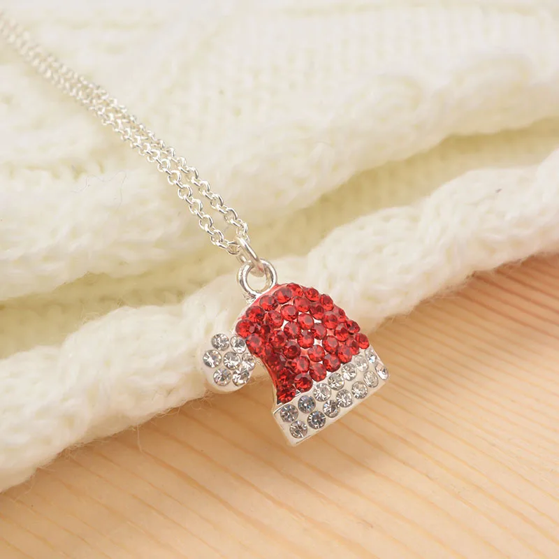 

Winter Fashion Silver Plated Crystal Red Christmas Hat Pendant Necklace Silver Diamond Christmas Hat Necklace For Christmas