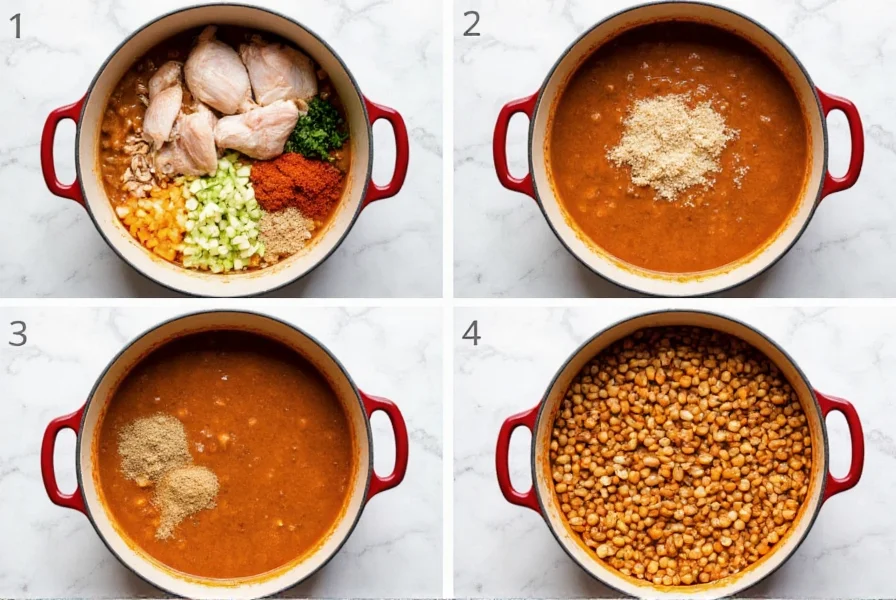 Step-by-step preparation of white chicken chili mix in a pot with ingredients like chicken, beans, and spices