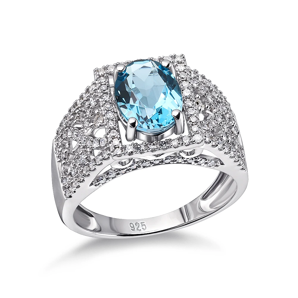 

Natural Blue Topaz Gemstone Dainty Women Jewelry 925 Sterling Silver bling Diamond Ring