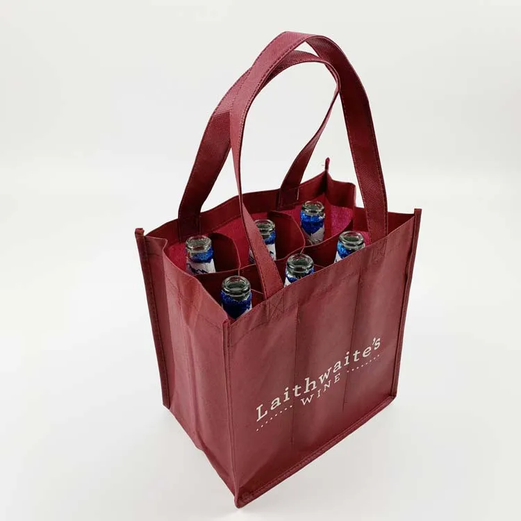 

Wholesale Custom Logo print non woven shopping tote carrying Burgundy color wine bag for 6 wine bottles
