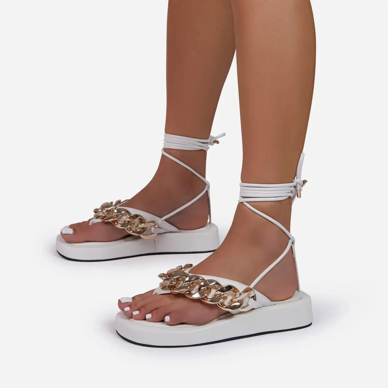 

Top seller metal chain decor thong strap lace up flatform lady sandals toe post women shoes female flip flops for summer