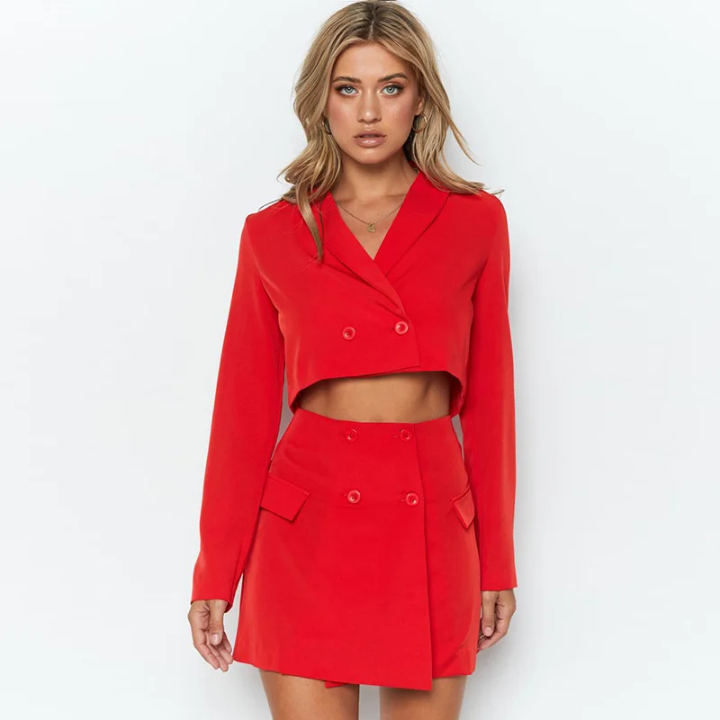 

Trendy Elegant Slim Fit Crop Top Long Sleeve Casual Small Suit Skirt Two Piece Set Women Office Wear, Pink, red, black