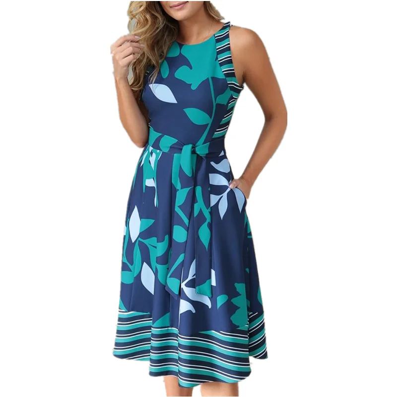 

Summer Round Neck Sleeveless Print Stripe Stitching Belt Waist Pocket Bodycon Casual Dresses For Women