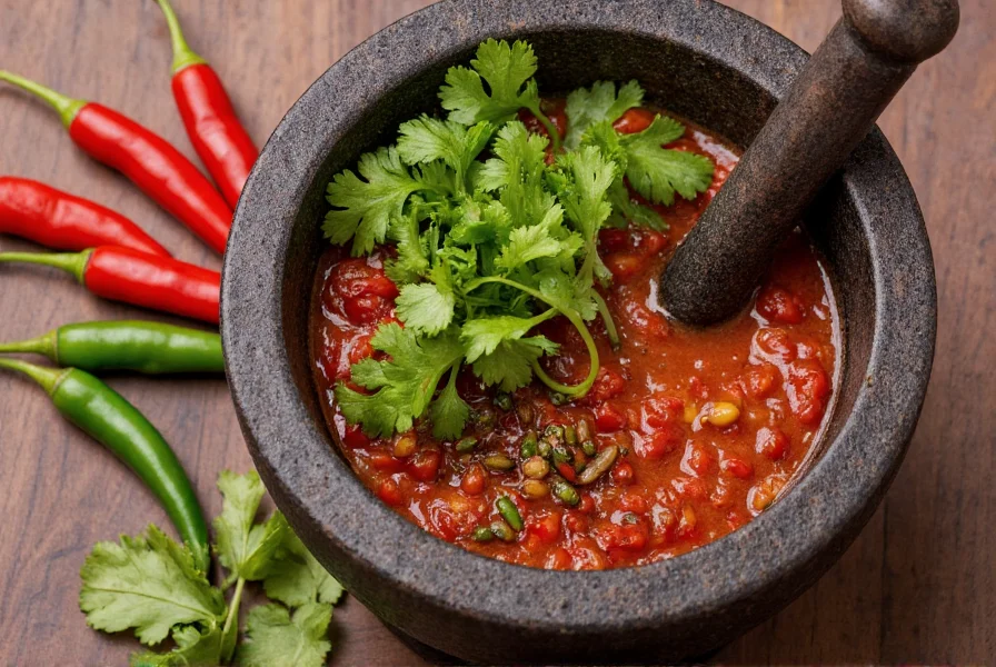 Traditional Chilean pebre sauce preparation with fresh aji peppers, cilantro, and other ingredients in a mortar