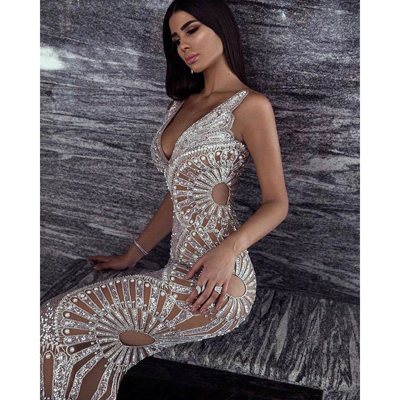 

F2694 Novance New Design Sexy V Neck Mesh Sequins Maxi Long Lady Dress Luxury Hollow Out Celebrity Evening Dress