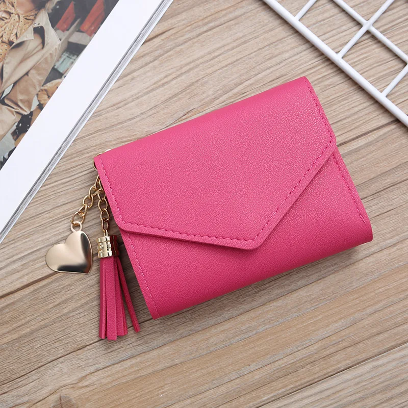 KISSFRIDAY PU Polyester Women Purse Card Holder Cash Coins Purse Short Tassel Zipper Vertical-Scetion Square Small Fresh Style Wallet with Lotus Color