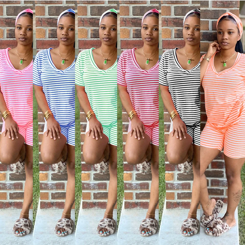 

Striped Two Piece Set Women Tracksuits Summer Outfits Womens Headband Blouse Tops Biker Shorts Sweat Suits Lounge Matching Sets, Pink, orange, red, black, blue, green