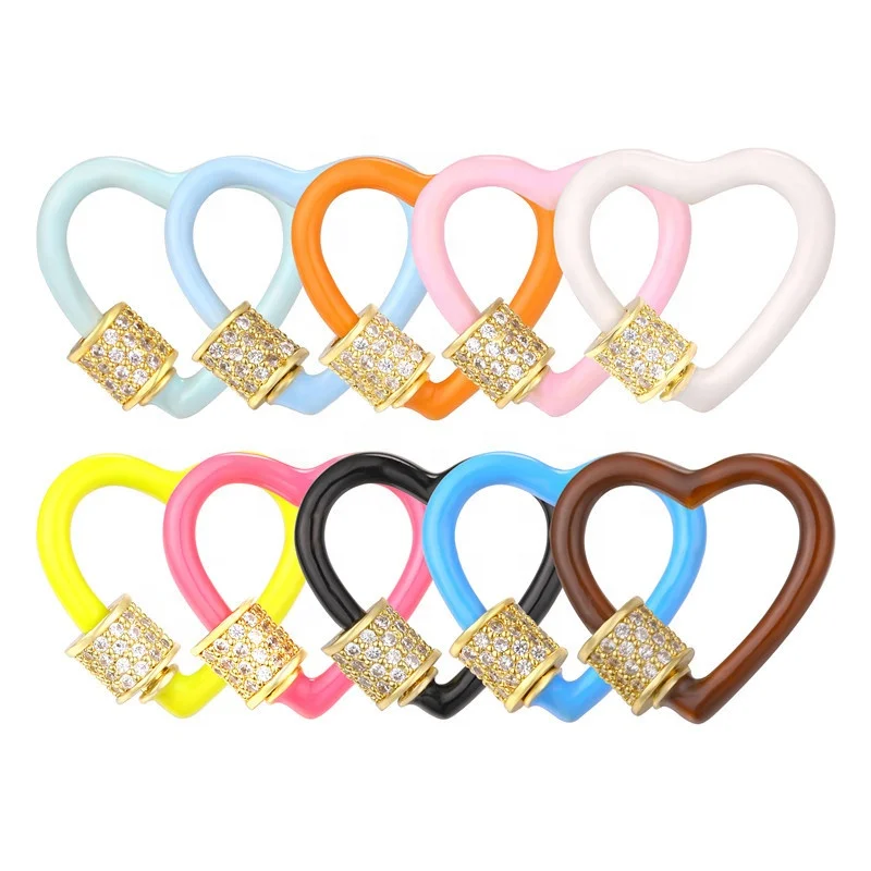 

DIY Jewelry Making Brass gold plated micro inlay zircon colorful enameled heart shaped carabiner Lock screw clasp pendant