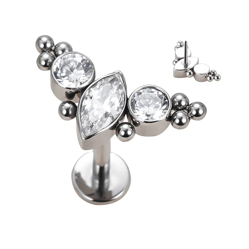 

Body Piercing Jewelry F136 Titanium Internally Thread Zircon With Balls Cluster and 2 CZ Threadless Top Labret Studs