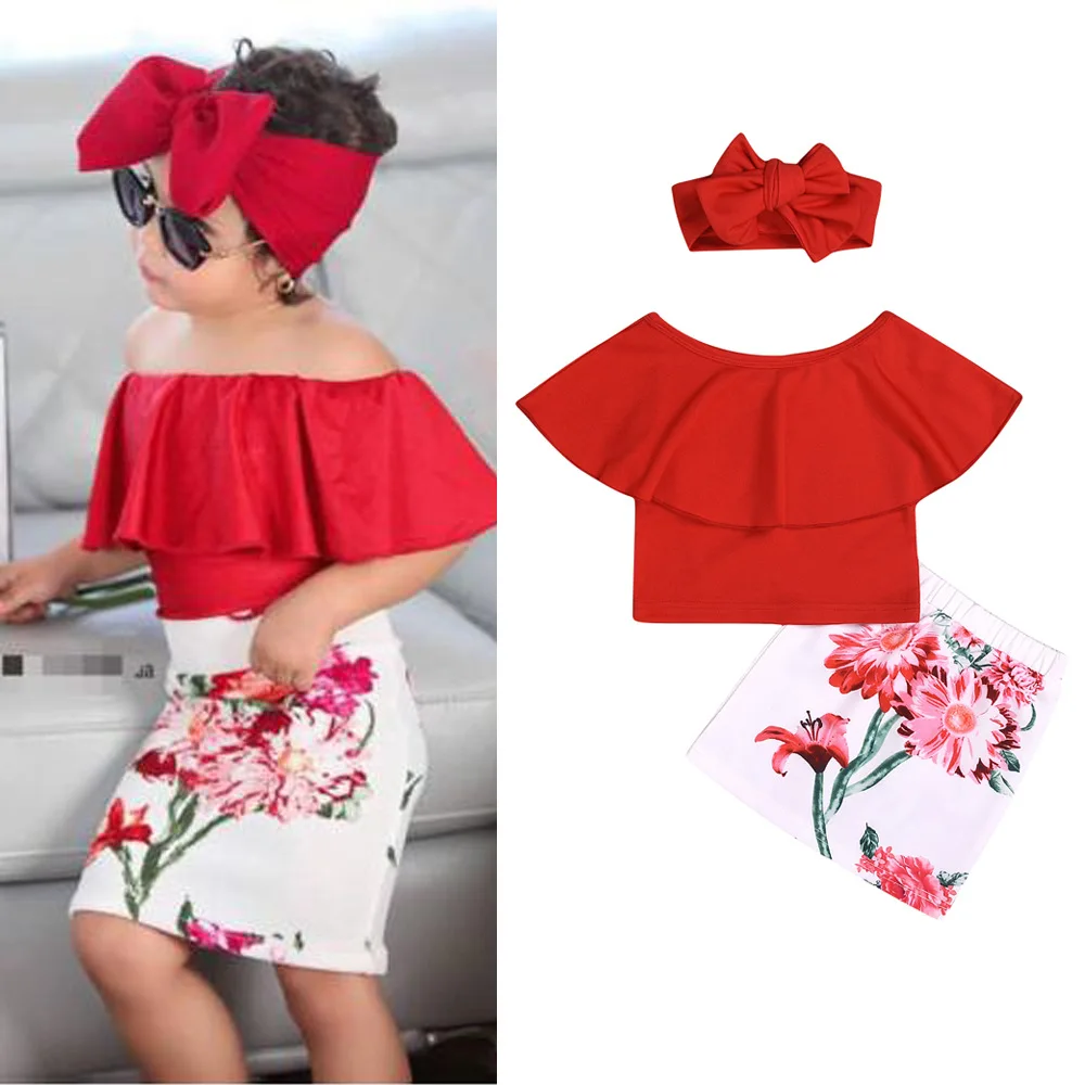 

High Quality 2021 summer fashion sleeveless off-the-shoulder red tops print package hip skirt casual 3pcs baby girl clothes sets, Picture shows