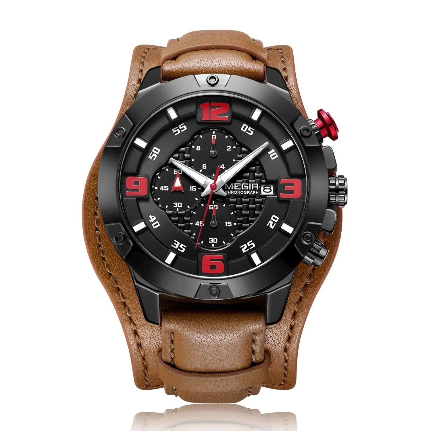 

Megir Strap Luxury Brand Quartz Watch New Trend Wide Genuine Leather 2019 Men's Alloy Round Analog Buckle China Movement 14mm