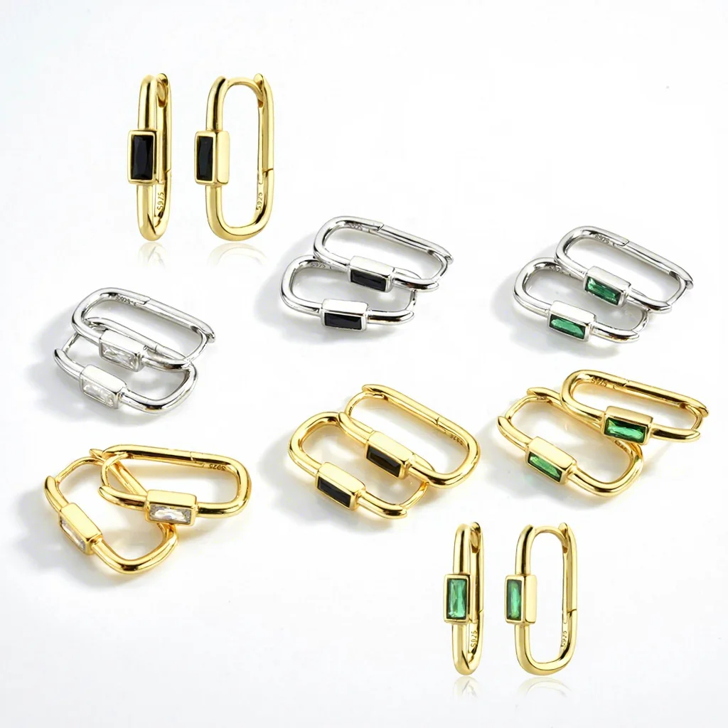 FUAMAY Women Earrings 2026 U Shaped Emerald Black Baguette Pendientes Rectangular Hoop Earrings U Shaped 925 Sterling Earrings