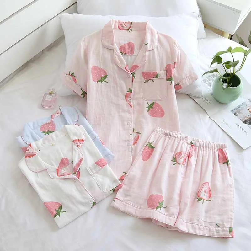 

2021 new ladies strawberry cotton double gauze short-sleeved shorts sleepwear suit cute and comfortable home service women pink, Required