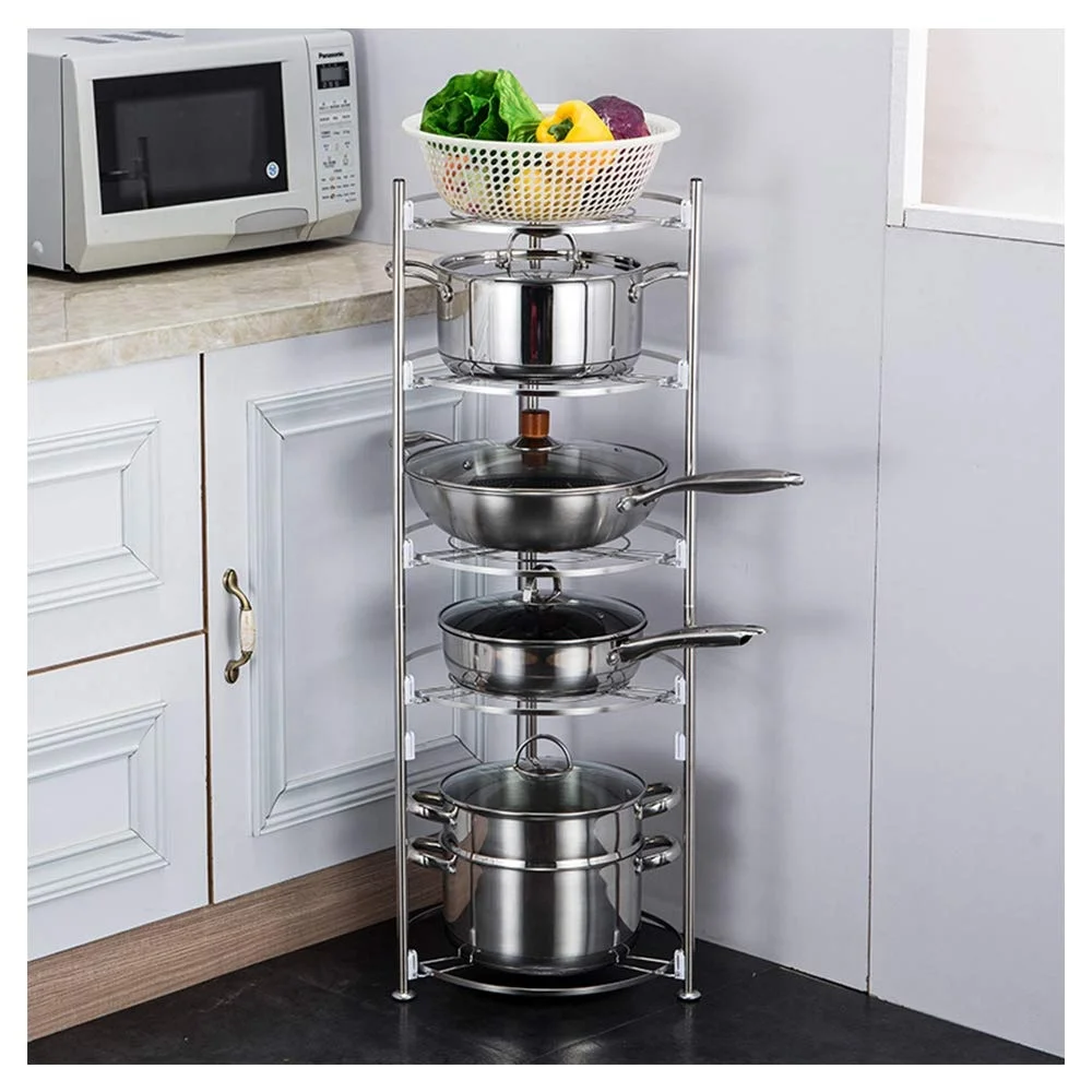 

In stock 4-tier layer storage organizer Multi-function kitchen rack adjustable Stainless steel kitchen pot stand, Silver white or customized