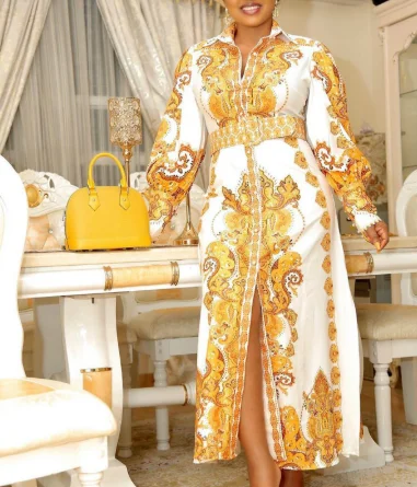 

Autumn Printed Long Sleeves Gold White Elegant Lady Casual Dresses