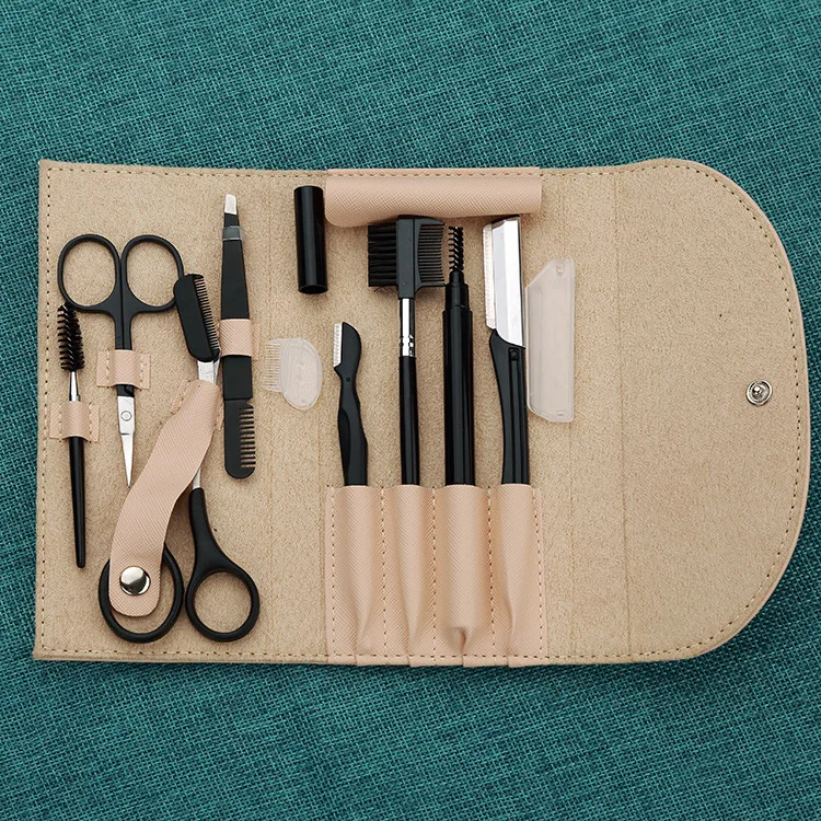 

High Quality 8pcs Scissors Pencil Stencil Set Eyebrow Grooming Trimmer Razor Tweezers Kit with PU Bag