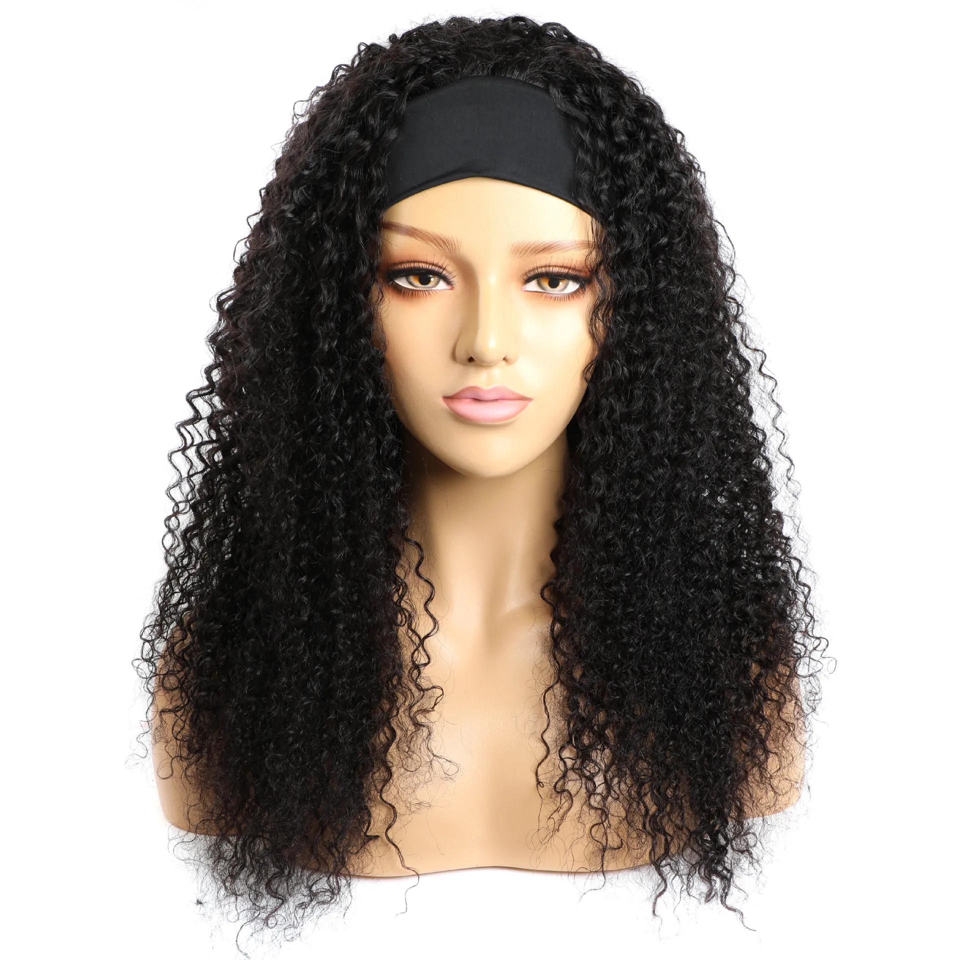 

2022 New Trend Headband Wigs Wholesale Price Scarf Virgin Brazilian Human Hair Various Length Deep Wave Curly Wigs, Black