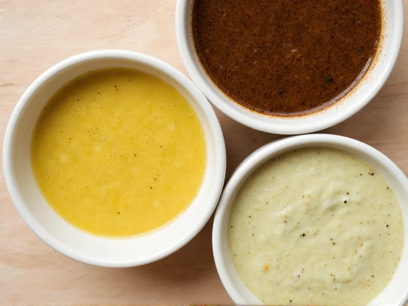 Three types of homemade salad dressings in small bowls