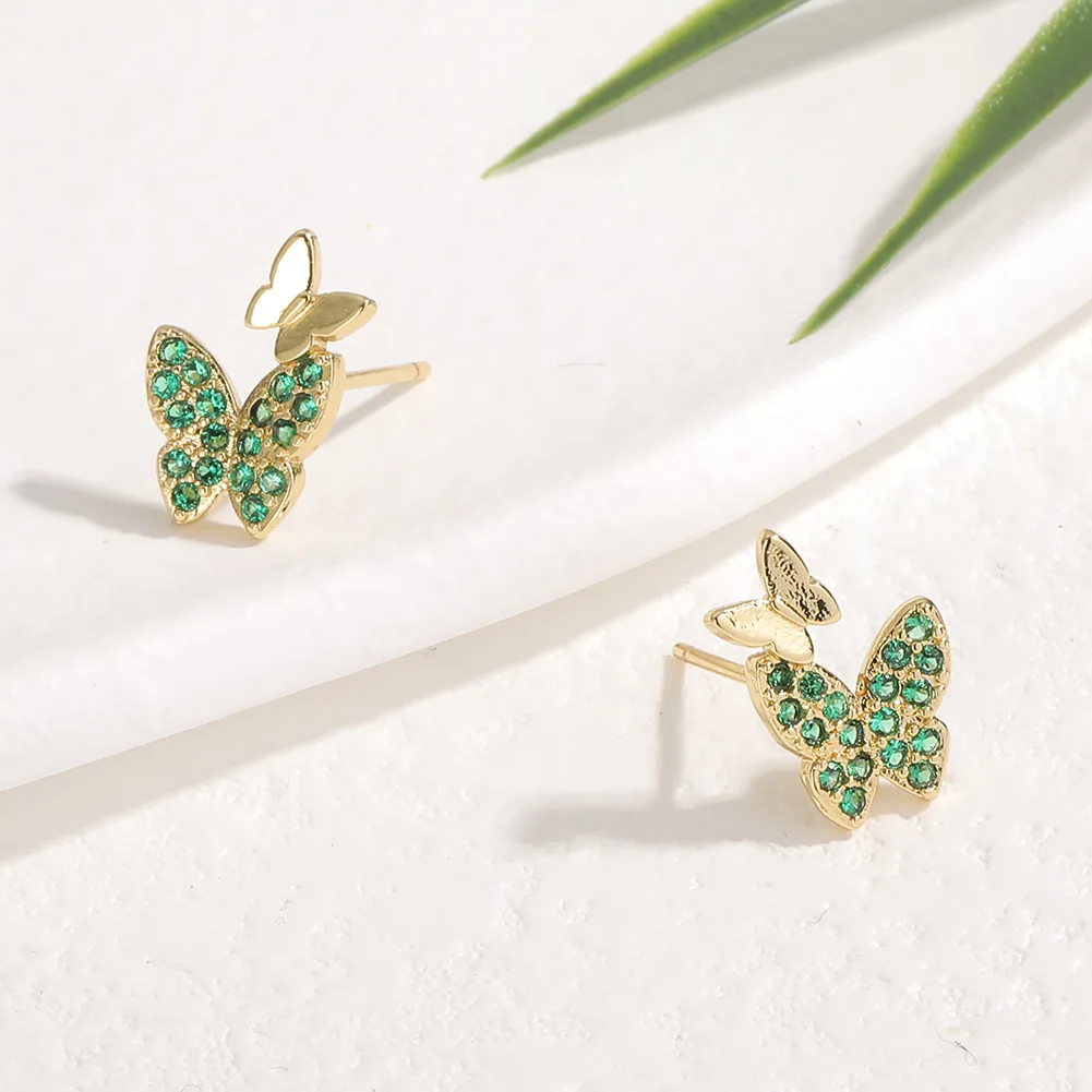 

Bohemian Fashion 14K Gold Plated Green Cubic Zircon Butterfly Earring Bling Bling Green Diamond Butterfly Stud Earring