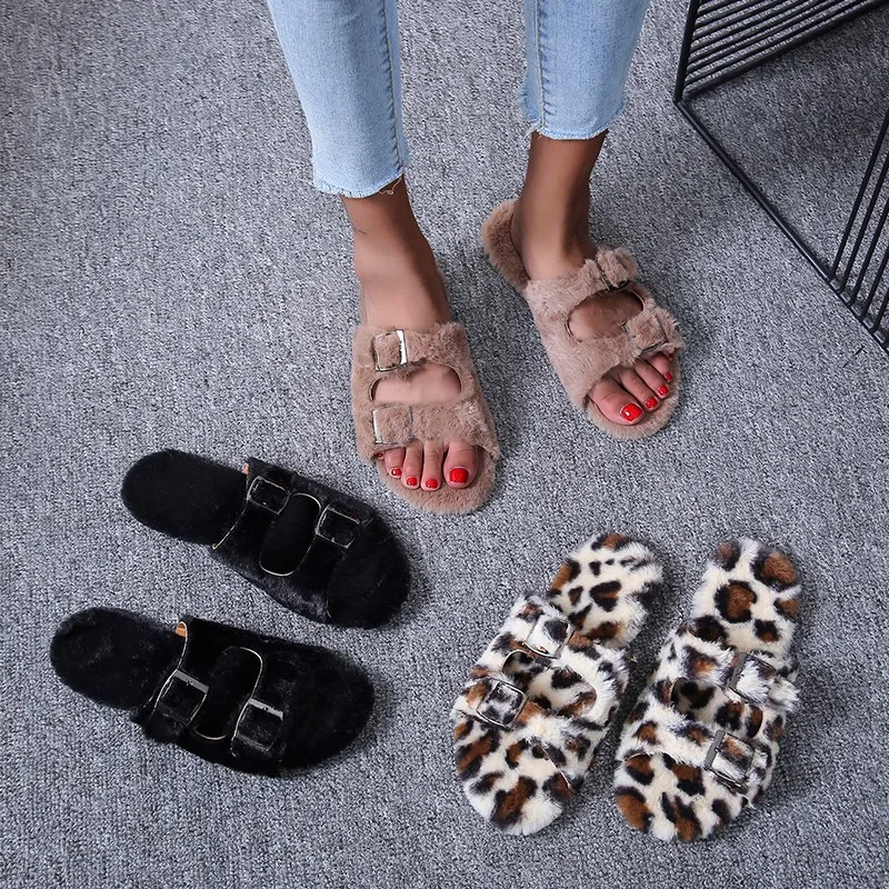 

women's sandals Furry Slippers Non-slip Ladies Plush Fluffy Sandals flat Winter Warm Slippers for Women, Black, khaki, leopard print