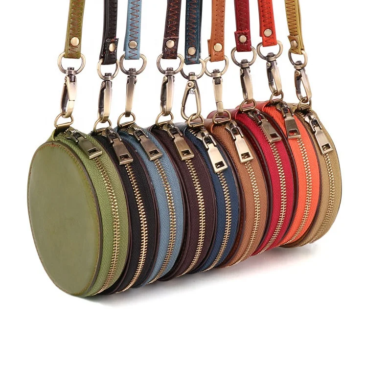 

CBJ-69 Retro Cowhide Leather Wallet Small Bag Women's Round Coin Pouch with Zipper Hand Strap Portable Mini Purse