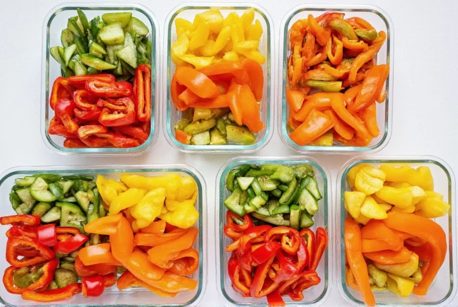 Meal prep containers with various sliced peppers ready for lunch assembly