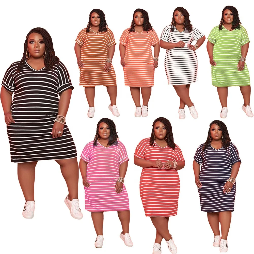 

MT125-074 wholesale hot sale Striped Printed Dress Women's L-5XL Home Wear dresses Casual dress plus size women clothing