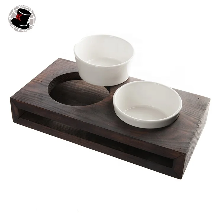 

Bamboo wood Dog Cat Pet Feeder Stand With Double Stainless Steel or Ceramic Elevated Bowls ceramic pet