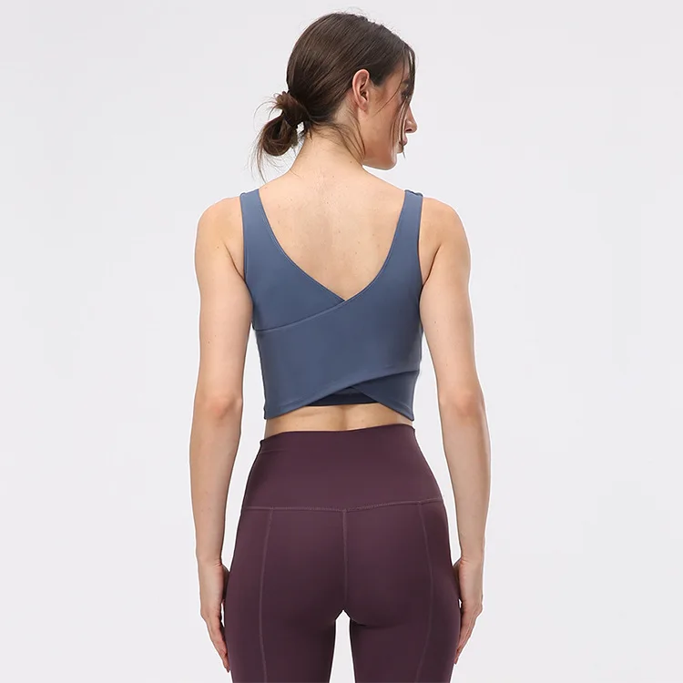 

Sweat-Wicking New Nude Feeling Cross Back Sexy Yoga Crop Tank Top Women With Removable Pads Yoga Vest Gym Wear Apparel