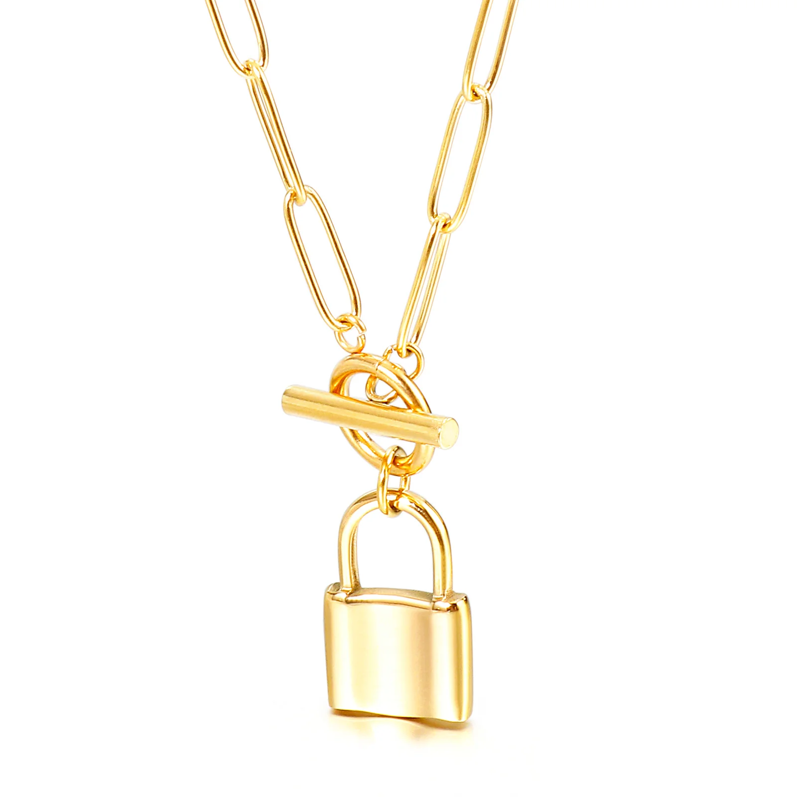 

Fashion Simple Link Chain Stainless Steel Women Lock Pendant Necklace, Other