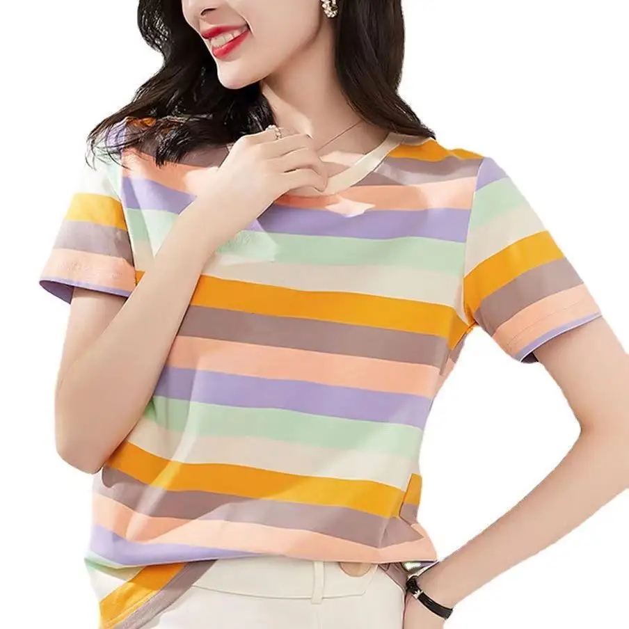 

Women Clothing 2021 Factory New Fashion Style Rainbow Customized Colors Causal T-Shirt Silk And Cotton Hot Selling In Amazon
