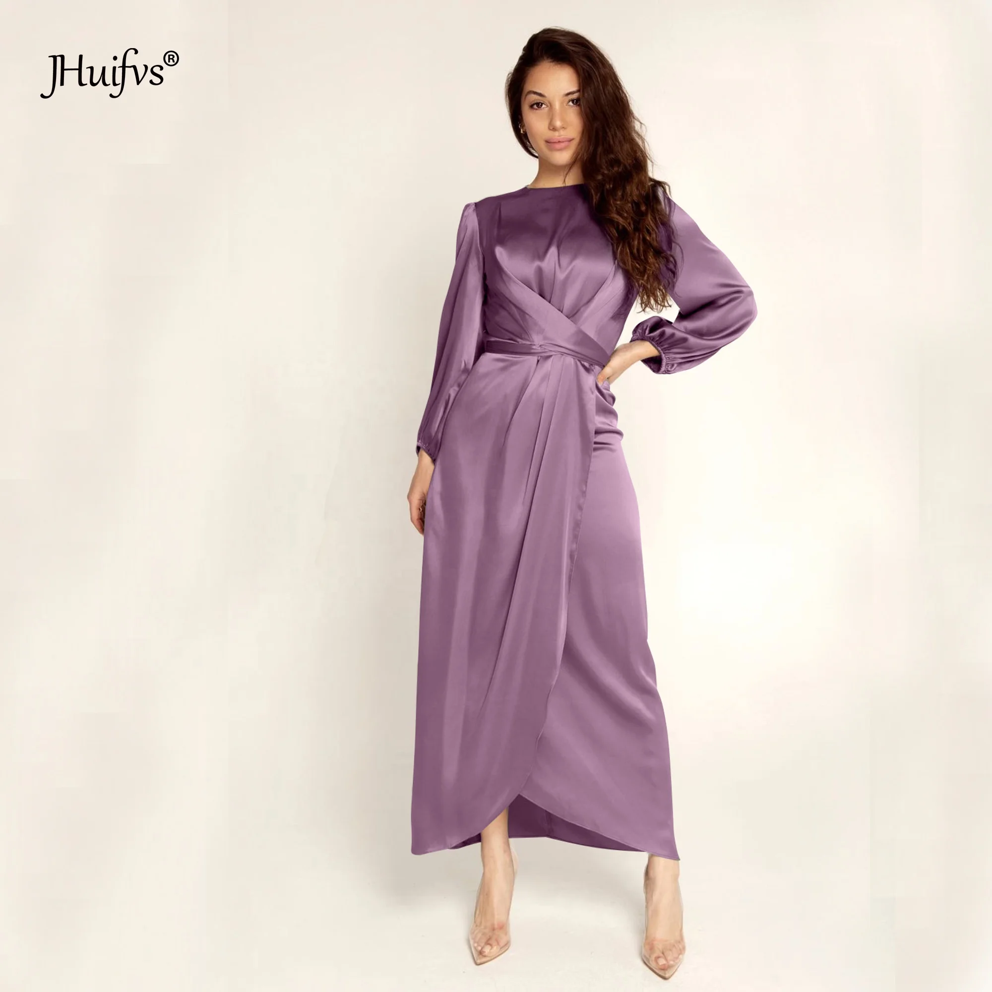 

2020 Latest Modest Round Neck Long Sleeve Plain Satin Wrap Waist Maxi Dress Fashion Islamic Clothing Dresses Abaya For women, 6 colors