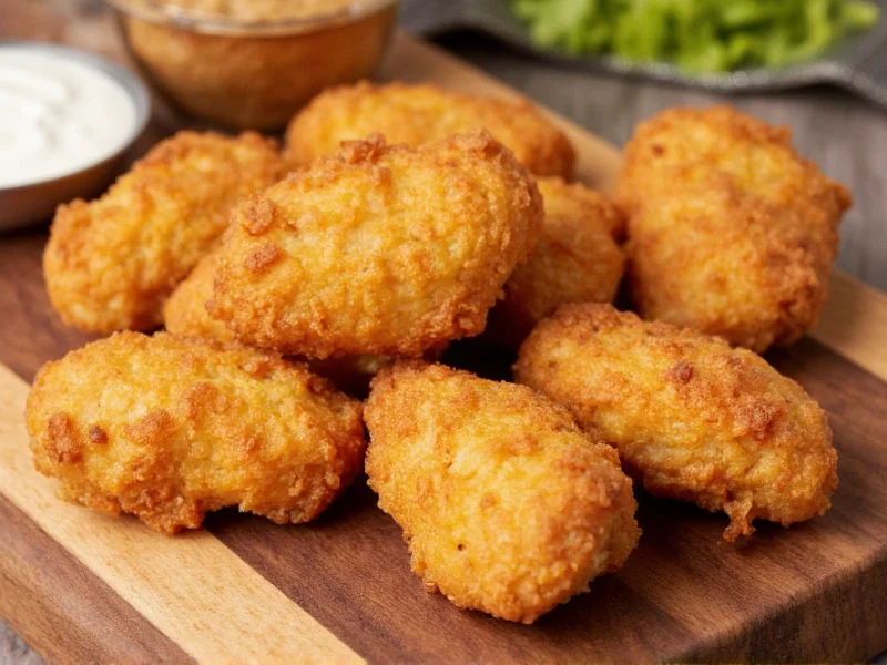 Golden crispy homemade chicken nuggets on wooden board