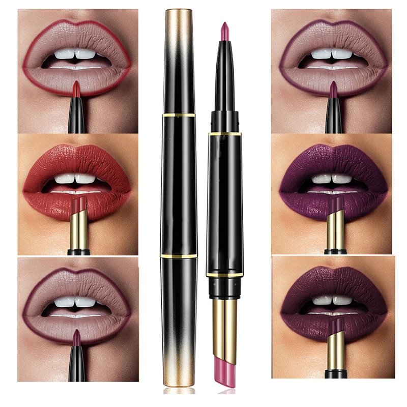 

2 In 1 Double Head Lip Lipliner Pen Matte Lipstick Long Lasting Waterproof Pigments Color Liner Pencils Women Makeup, 12 colors