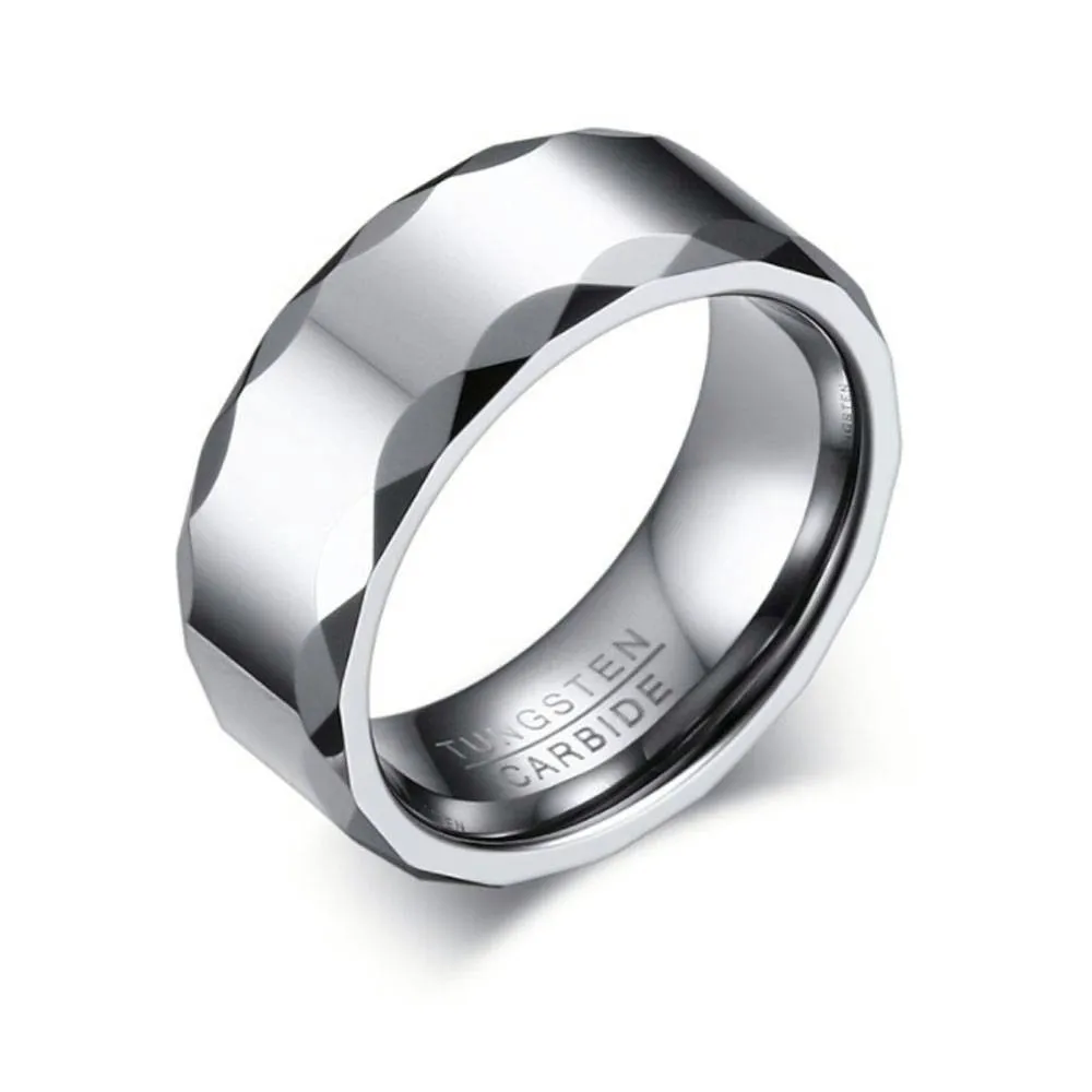 

Men's 8MM Tungsten Carbide Ring Faceted Edge Polished Wedding Band Comfort