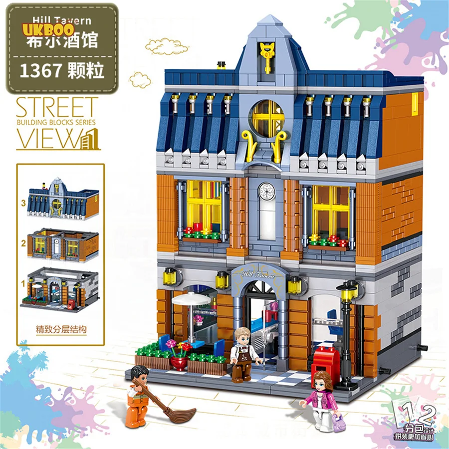 

Free Shipping 1367PCS Creator City Hill Tavern Hotel Architeture Compatible Building Blocks Toy Brick Street View