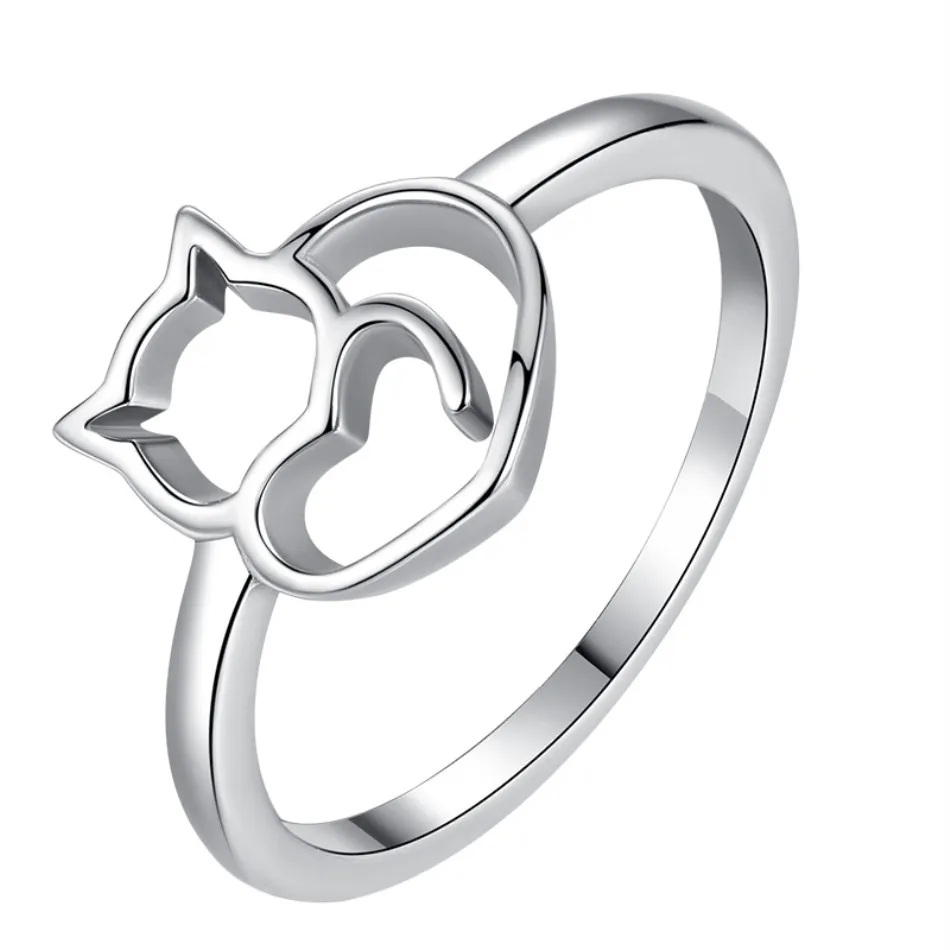 

Authentic 100% 925 Sterling Silver Naughty Little Cat & Heart Finger Ring for Women Sterling Silver Jewelry Gift