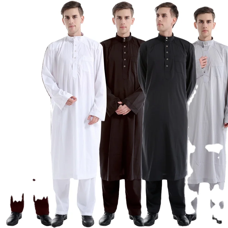 

Muslim solid color two-piece men thobe Middle East muslim black thobe, 5colors