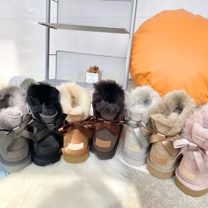 

Fashion Winter Warm Ladies Silk Ribbon Genuine Sheepskin Leather Furry Fur Snow Boots with Bow For Women, Black,brown,gray,coffee,pink