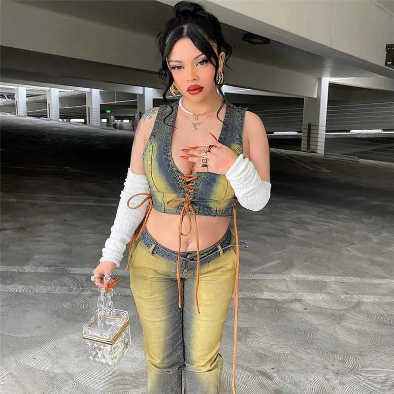 

2021 new arrivals fashion sexy Denim Bandage women cami top tank top