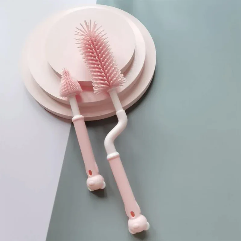 

2021 New Arrival 360 Degree Rotating Long Handle Cleaning Glass Cup Soft Silicone Brush Head Silicone Bottle Brush Set, Blue, green, pink, orange