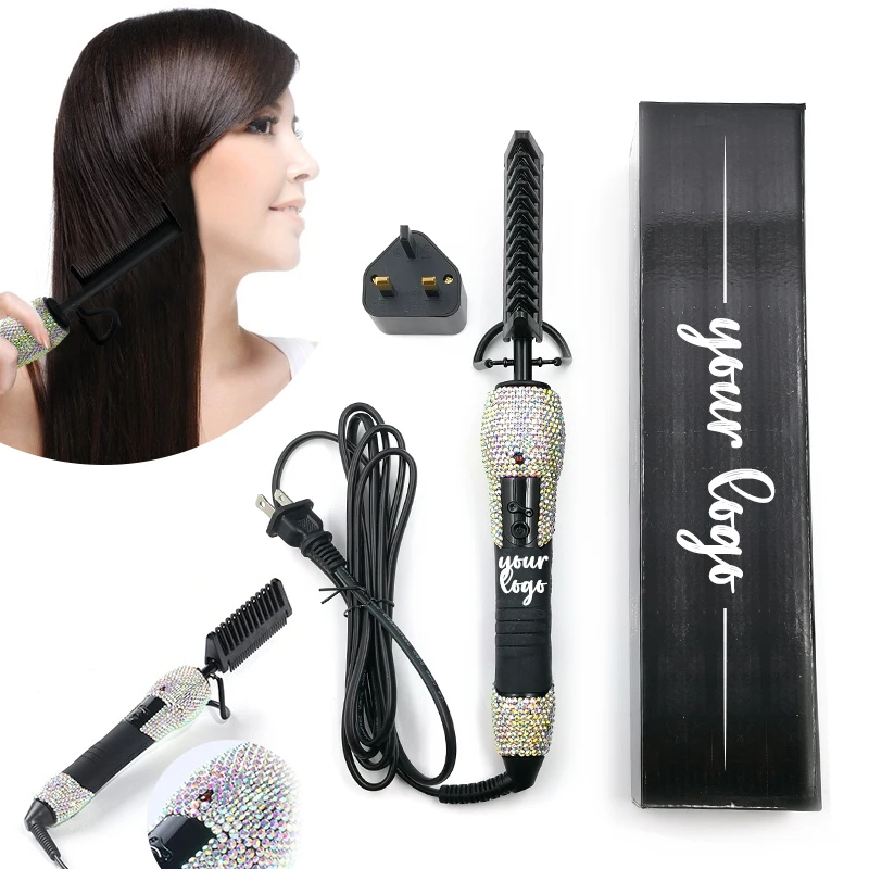 

Professional 500F Bling Rhinestone Anti-Scald Straightening Comb Electric Hot Comb For Wigs, Black