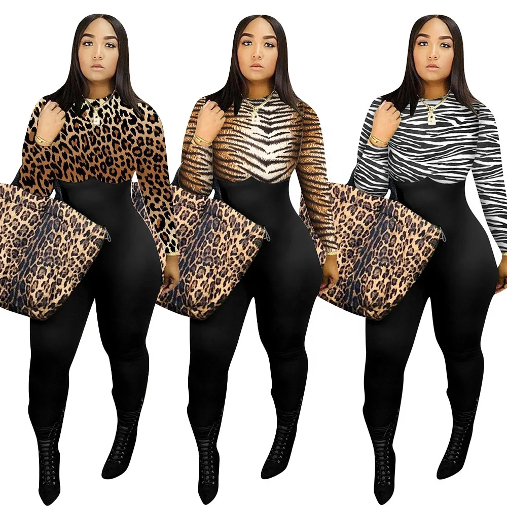 

B63484A In stock women's casual leopard print patchwork skinny jumpsuit, As picture
